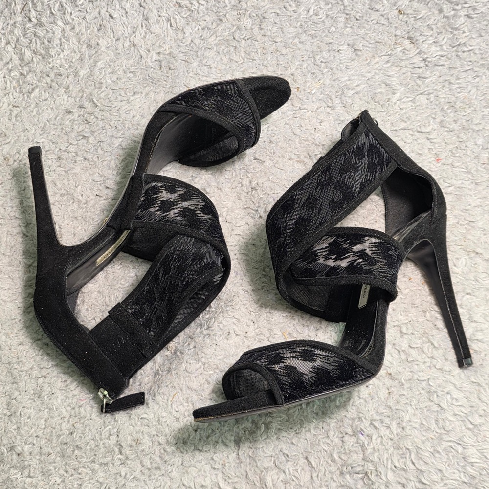 VTG Diane von Furstenberg Sandal Heels Black Lace Suede Strappy Womens 8.5‎